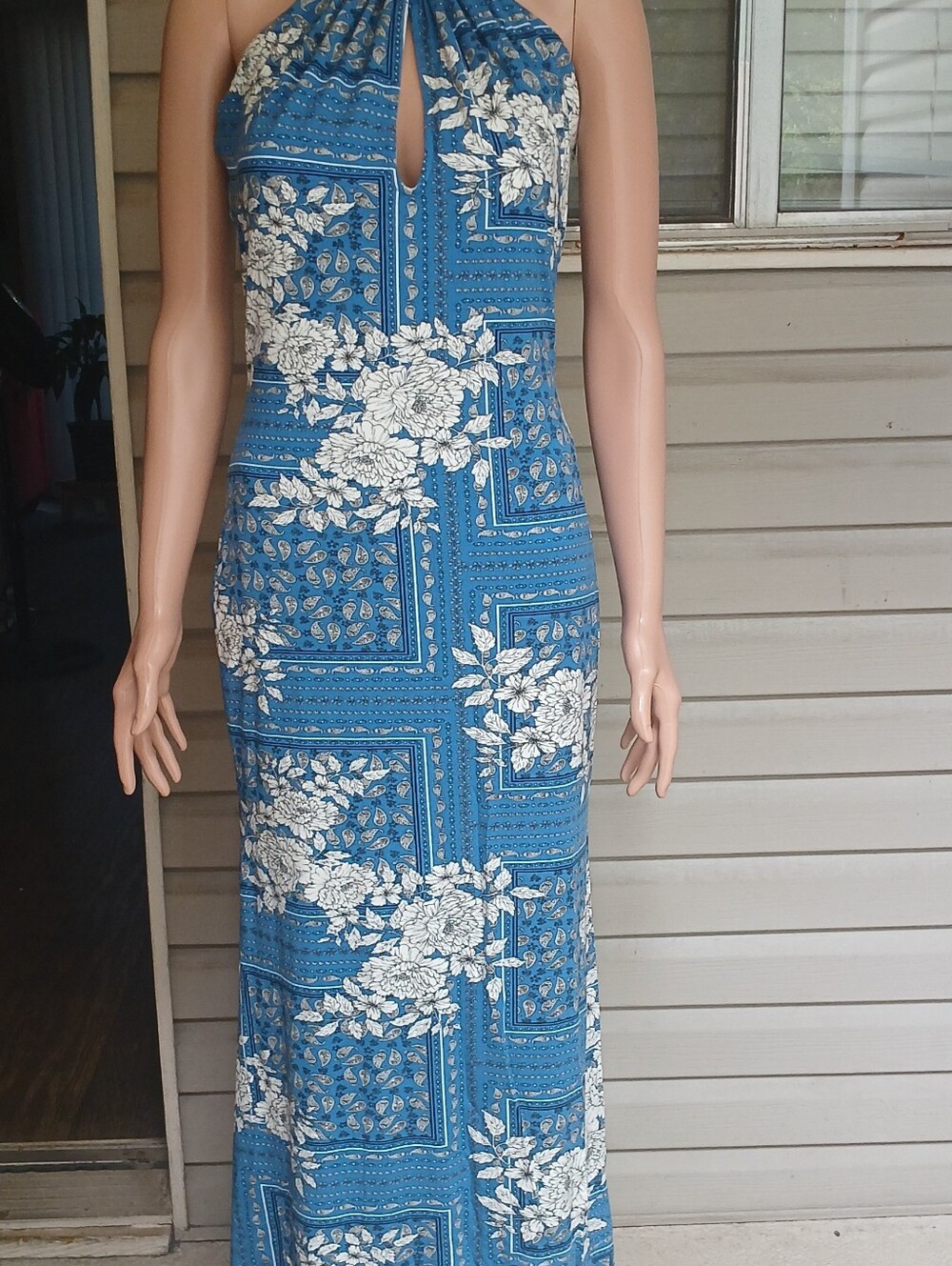 Studio F Blue Floral Halter Maxi Dress Sz 6 Spandex Preowed - Picture 2 of 11